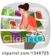 Poster, Art Print Of Happy Brunette Woman Shopping In A Grocery Produce Section