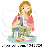 Poster, Art Print Of Happy Blond Caucasian Female Student Putting Items In A Bag