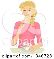 Clipart Of A Blond Caucasian Woman Eating Ice Cream Royalty Free Vector Illustration by BNP Design Studio