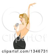 Sexy Dirty Blond Caucasian Female Singer Posing Looking Back And Holding A Microphone