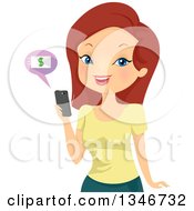 Poster, Art Print Of Cartoon Red Haired White Woman Online Banking On Her Cell Phone