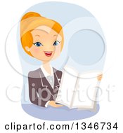 Cartoon Red Haired Caucasian Business Woman Or Insurance Angent Giving A Presentation