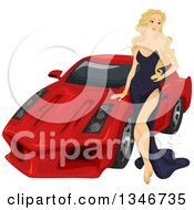 Sexy Blond Caucasian Woman Posing By A Red Sports Car