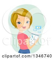 Cartoon Dirty Blond Caucasian Woman Banking On Her Tablet Computer