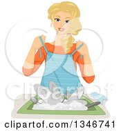 Poster, Art Print Of Happy Blond Caucasian Woman Putting On An Apron To Do Dishes