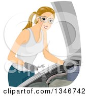 Poster, Art Print Of Happy Dirty Blond Caucasian Woman Working On A Car Engine