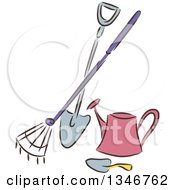 Poster, Art Print Of Sketched Garden Rake Shovel Trowel And Watering Can