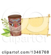 Poster, Art Print Of Tiki Statue With Branches Plumeria Flowers And A Blank Banner