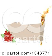Poster, Art Print Of Blank Parchment Banner With A Tiki Torch And Hibiscus Flowers