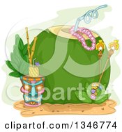 Poster, Art Print Of Giant Coconut With A Straw Tiki Torches And Pinepple Beverage