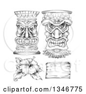 Poster, Art Print Of Black And White Engraved Tiki Statue Mask Hibiscus Flower And Wood Sign