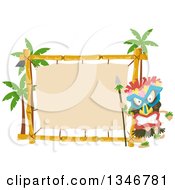 Clipart Of A Tribal Tiki Dancer Wearing A Mask By A Bamboo Sign And Palm Trees Royalty Free Vector Illustration by BNP Design Studio