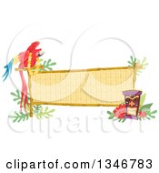 Poster, Art Print Of Macaw Parrot Wearing A Lei Perched On A Bamboo Sign With A Tiki Statue And Hibiscus Flowers