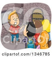 Clipart Of A Cartoon Cacuasian Male Tour Guide Leading Toursists Through A Castle Royalty Free Vector Illustration