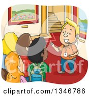 Poster, Art Print Of Cartoon Blond Cacuasian Male Tour Guide Leading Toursists Through A Palace