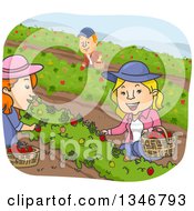 Poster, Art Print Of Cartoon Caucasian Man And Women Picking Strawberries