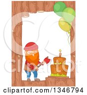 Poster, Art Print Of Wood Border With A Birthday Cake Party Balloons And Lumberjack