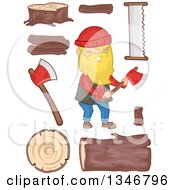 Cartoon Happy Blond Caucasian Male Lumberjack Holding An Axe With Logs And Accessories