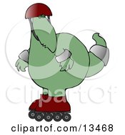 Big Green Dino In A Helmet And Pads Rollerblading