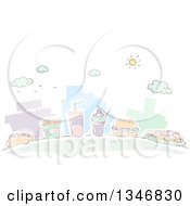 Poster, Art Print Of Sketched City Buildings And Fast Food Items