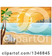 Poster, Art Print Of Setting Sun With A City Skyline And Palm Trees On A Tropical Beach
