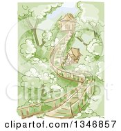 Poster, Art Print Of Sketched Wooden Bridge Leading To Tree Houses