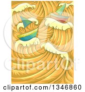 Clipart Of A Golden Ocean With Giant Waves And Sail Boats Royalty Free Vector Illustration