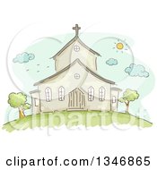 Poster, Art Print Of Sketched Church Building Facade On A Sunny Day