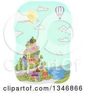 Poster, Art Print Of Sketched Hot Air Balloon Over A Coastal Village