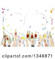 Poster, Art Print Of Party Hands Holding Up Trays And Cups Of Alcohol