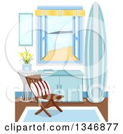 Poster, Art Print Of Chair Table And Surfboard Inside A Cabin By The Window