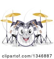 Cartoon Drum Set Mascot Holding Up Sticks