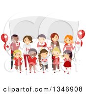 Poster, Art Print Of Group Of Happy Children And Adults Holding Flags In Front Of A Banner On Canada Day