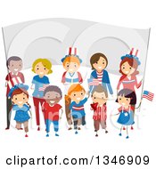 Group Of Happy Children And Adults Holding American Flags In Front Of A Banner On The Fourth Of July