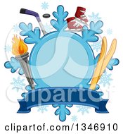 Snowflake Label With A Torch Skis Ice Skates And Hockey Stick With A Banner