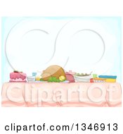 Clipart Of A Table With A Roasted Turkey And Potluck Foods Under Text Space Royalty Free Vector Illustration