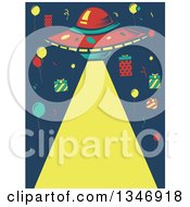 Poster, Art Print Of Birthday Party Ufo Shining A Light Down With Balloons And Gifts