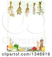 Poster, Art Print Of Border Of Hanging Herbs Over Condiments And Vegetables
