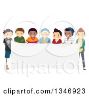 Clipart Of A Group Of Teenage Boys Holding A Blank Sign Banner Royalty Free Vector Illustration