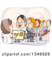 Clipart Of A Cartoon Worker Taking Orders With A Line Of Customers Royalty Free Vector Illustration by BNP Design Studio