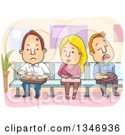 Cartoon Caucasian Woman Sitting Between Angry And Sleeping Men On A Waiting Room Bench