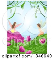 Poster, Art Print Of Border Of Fairies On Flowers And Leaves With Vines Against Blue
