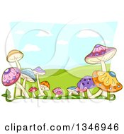 Border Of Colorful Mushrooms Over A Landscape Of Hills