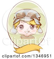 Clipart Of A Happy Blond Caucasian Boy Wearing Aviator Goggles And A Hat In A Green Oval Over A Blank Banner Royalty Free Vector Illustration