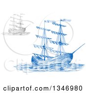 Poster, Art Print Of Sketched Blue And Gray Sailing Tall Ships