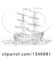 Clipart Of A Sketched Gray Sailing Tall Ship Royalty Free Vector Illustration