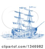 Clipart Of A Sketched Blue Sailing Tall Ship Royalty Free Vector Illustration