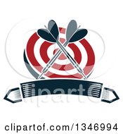 Poster, Art Print Of Crossed Navy Blue Darts Over A Red And White Target Over A Blank Banner