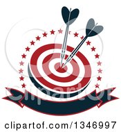 Poster, Art Print Of Navy Blue Darts In The Bullseye Of A Red And White Target Within A Circle Of Stars With A Blank Banner