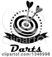 Poster, Art Print Of Black And White Darts In The Bullseye Of A Target Within A Circle Of Stars With A Blank Banner And Text